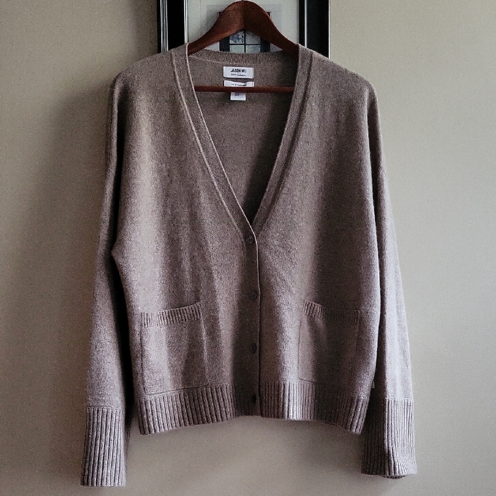 Jason Wu Taupe 100% Cashmere V-Neck Cardigan